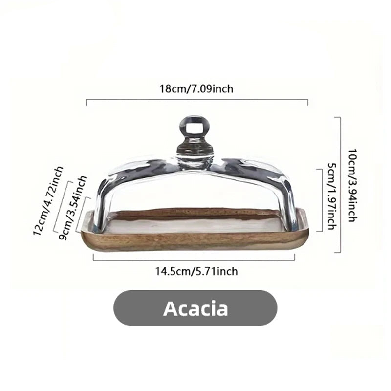 Glass Dome Dessert Plate with Wooden Base