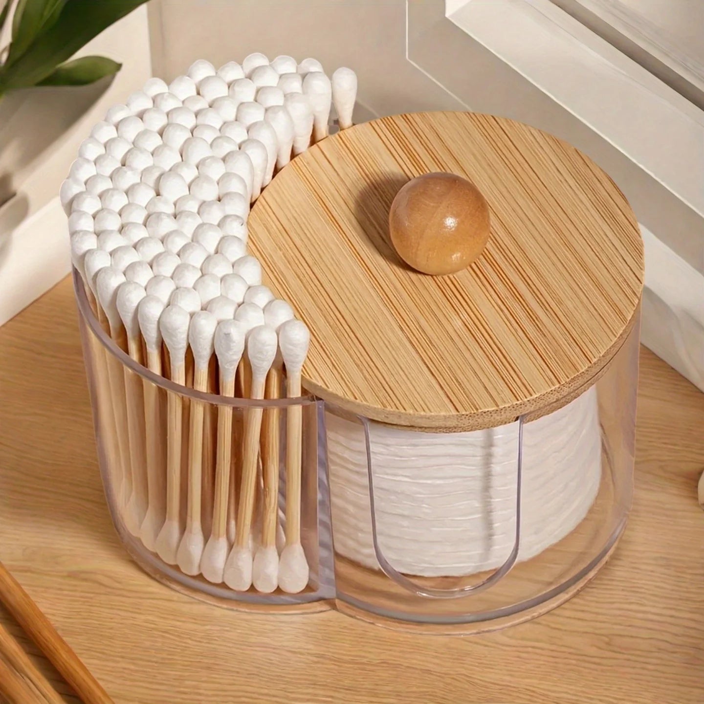 2-in-1 Cotton Swab &amp; Storage Box – Dustproof Organizer with Wooden Lid