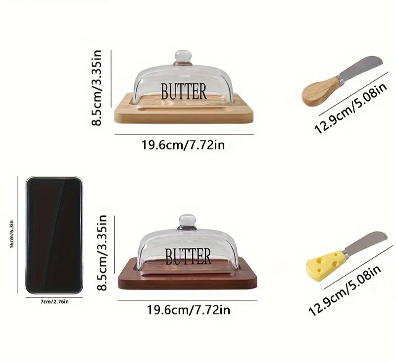 Wood Butter Dish with Glass Lid &amp; Knife