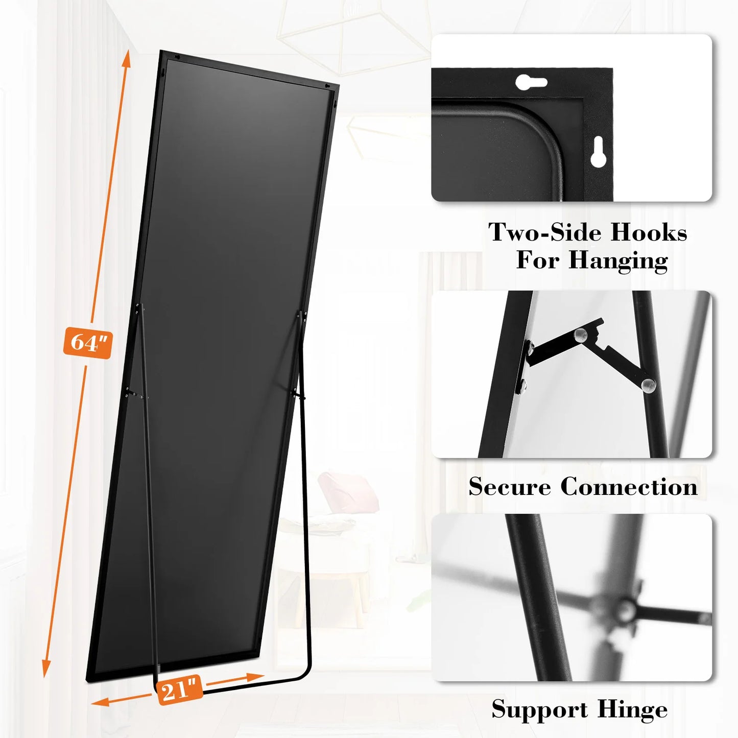 Full-Length Floor Mirror with Aluminum Alloy Frame – 64” x 21”