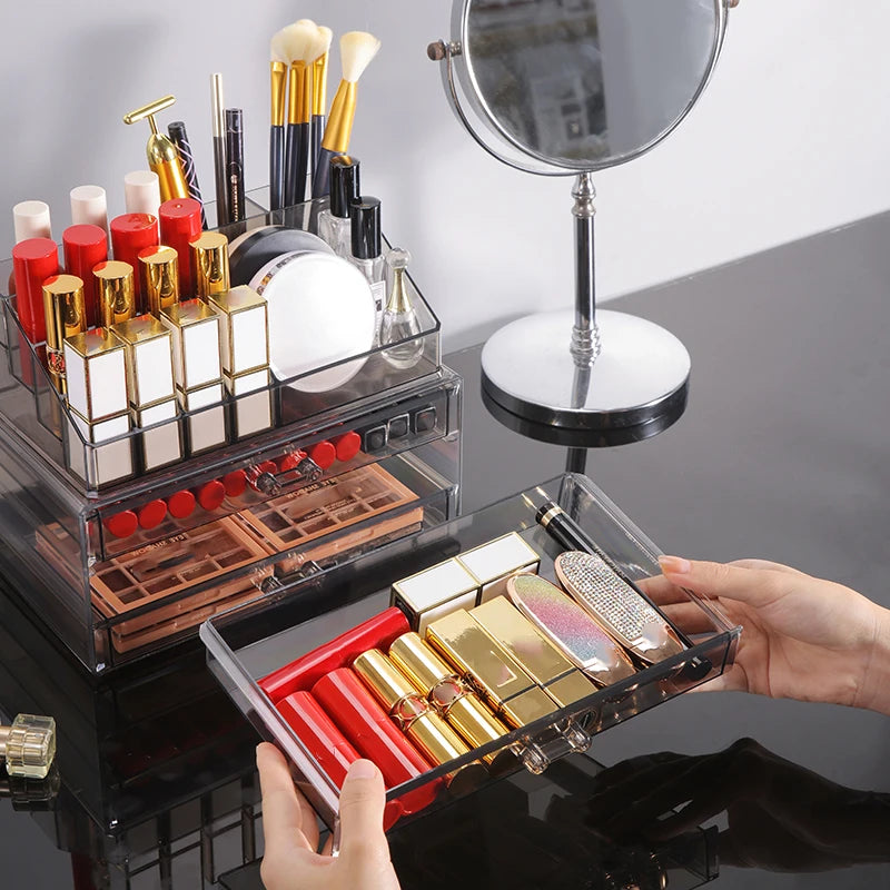 Acrylic Drawer-Style Makeup Brush Organizer – Transparent &amp; Grey