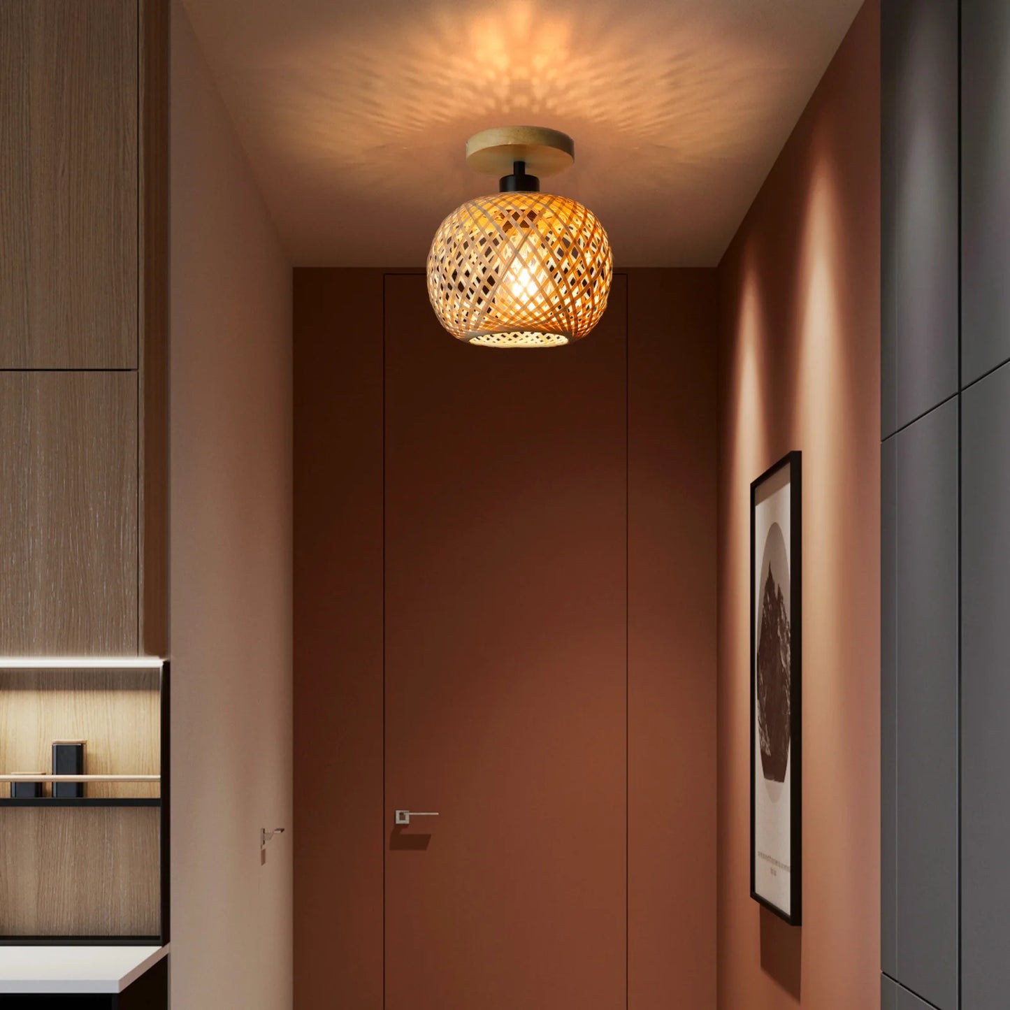 Retro Woven Bamboo Ceiling Light – E27 Vintage Flush Mount Fixture