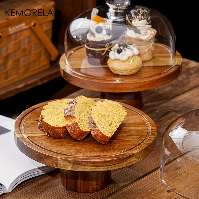 Acacia Wood Cake Stand – Round Display Tray with Optional Glass Cover