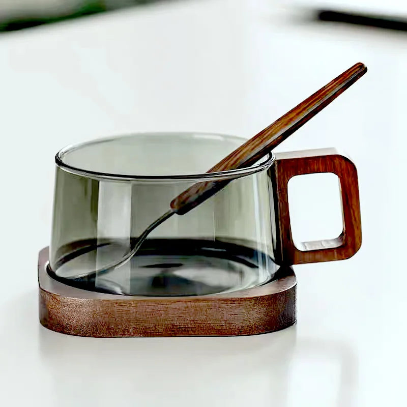 American Latte Glass Coffee Mug with Wooden Tray &amp; Spoon