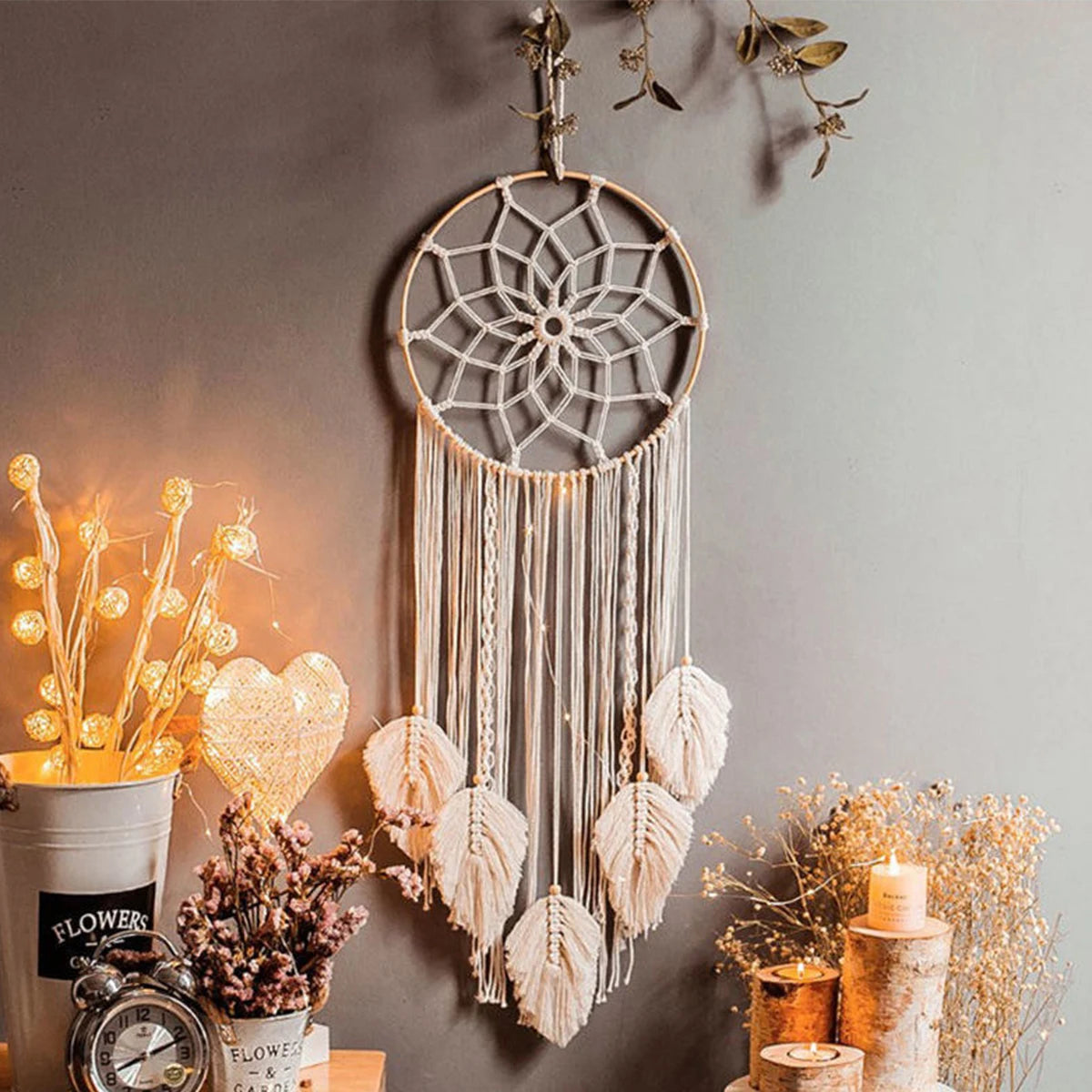 Boho Dream Catcher Wall Hanging – Handwoven Leaf &amp; Evil Eye Decor