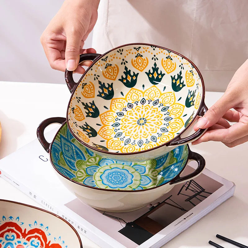 Modern Ceramic Noodle Bowl Set – Floral Underglaze Design