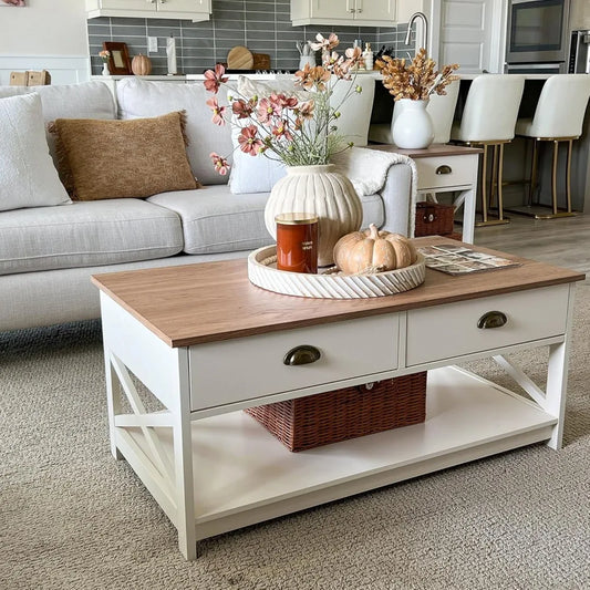 Ivory Farmhouse Coffee Table with Storage – 39.4" x 21.7"