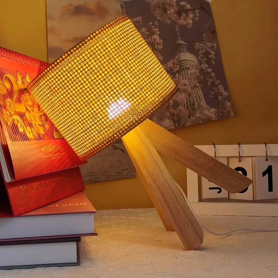 Modern Yellow Wooden Table Lamp – Hand-Knitted Shade, Up &amp; Down Light