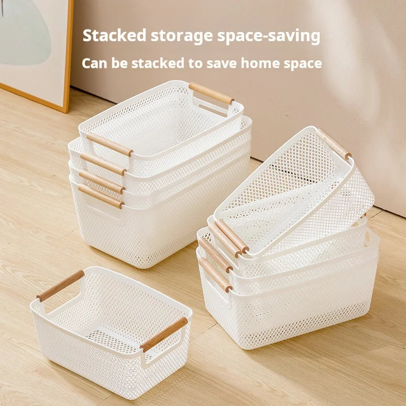 Multi-Functional Hollow Storage Basket with Wooden Handle