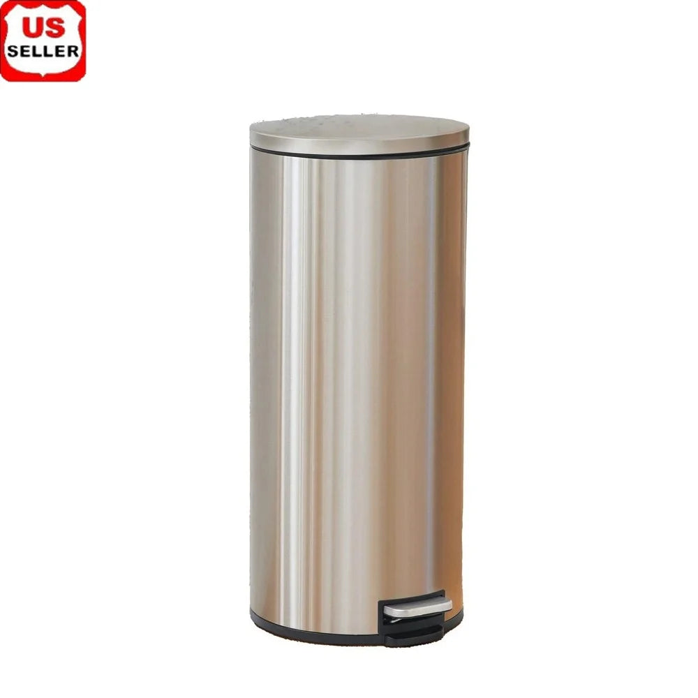 7.9 Gallon Stainless Steel Step Trash Can – Soft Close, Hands-Free Design
