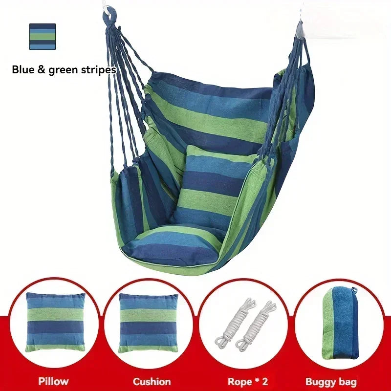 Heavy-Duty Canvas Hammock Chair – Single-Person Striped Swing with Storage Bag