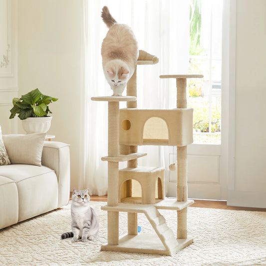 4-Tier Wooden Cat Tree with Sisal Scratching Posts &amp; Cozy Condos