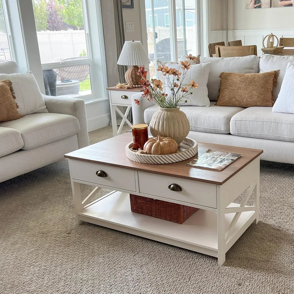 Ivory Farmhouse Coffee Table with Storage – 39.4" x 21.7"