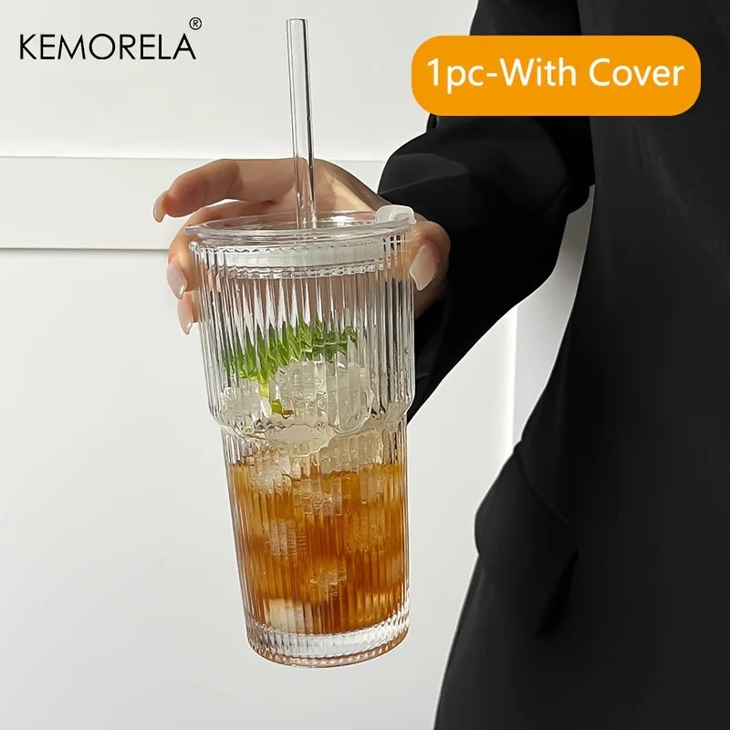 20 oz Transparent Stripe Glass Cup with Optional Lid &amp; Straw