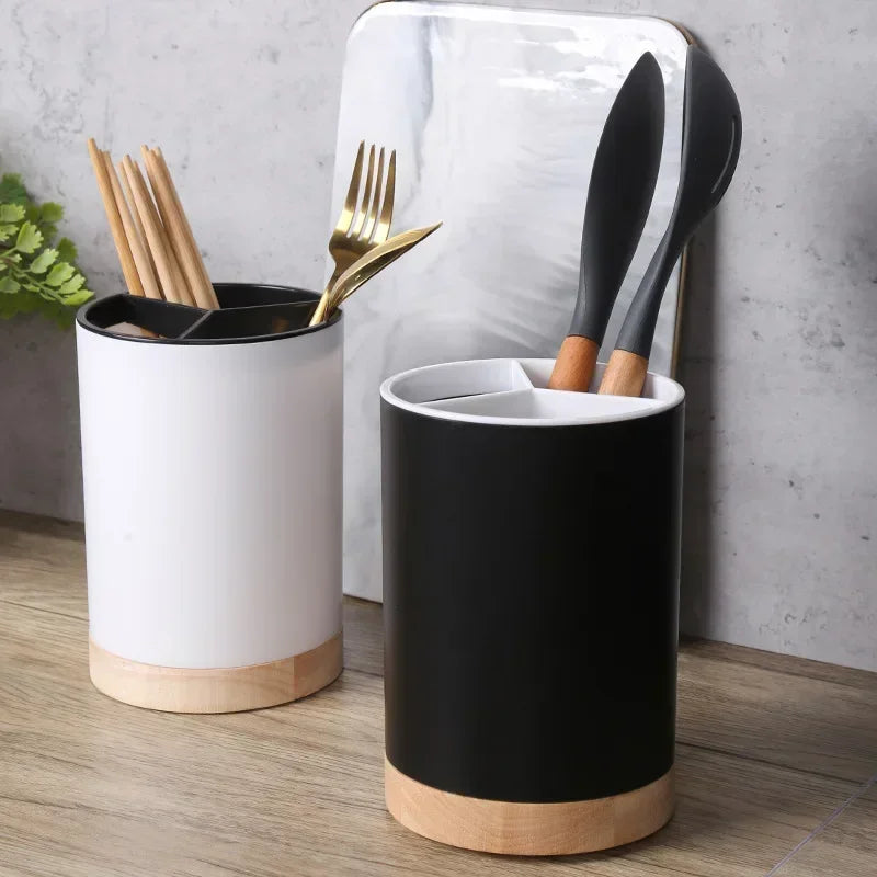 Plastic Utensil Holder with Wooden Accents – Detachable Cutlery Drainer