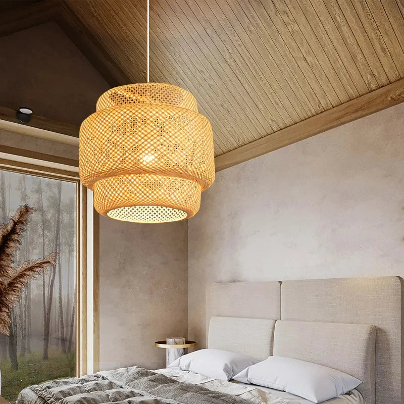 11.8” Handwoven Bamboo Pendant Light – Vintage Ceiling Lamp