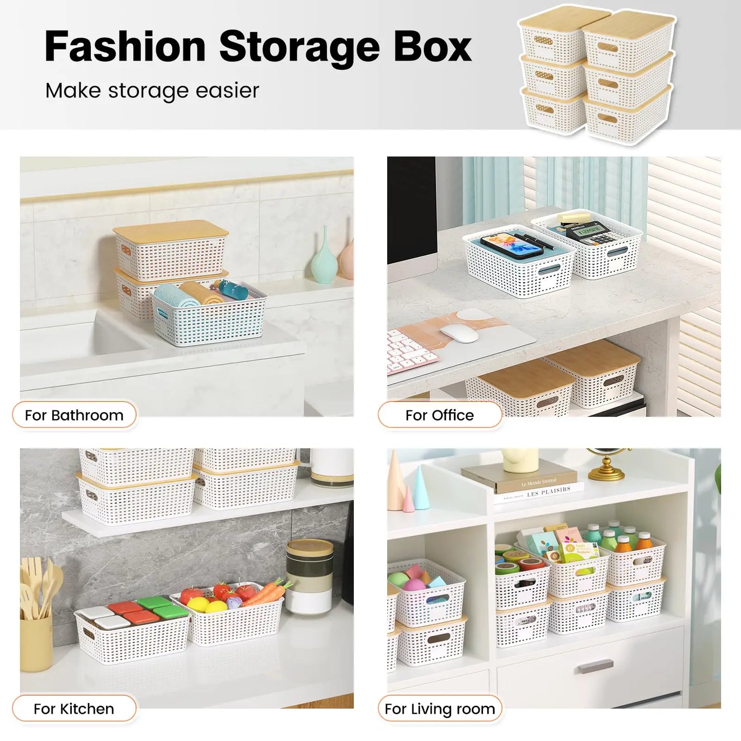 Stackable Plastic Storage Bins with Bamboo Lids