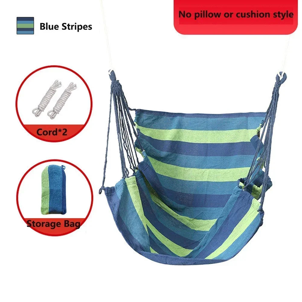Heavy-Duty Canvas Hammock Chair – Single-Person Striped Swing with Storage Bag