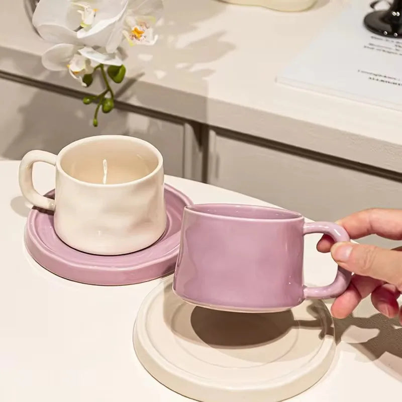 Ceramic Coffee Mug with Matching Tray, Modern Pastel Cup &amp; Saucer Set