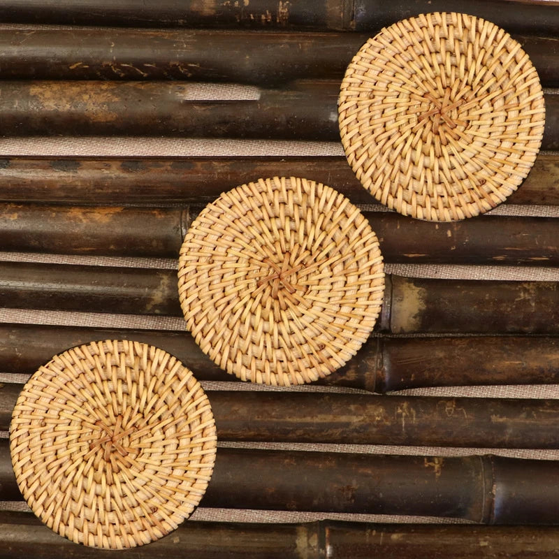 Rattan Woven Drink Coasters – 3 or 6 Piece Heat-Resistant Mat Set (3.1”)