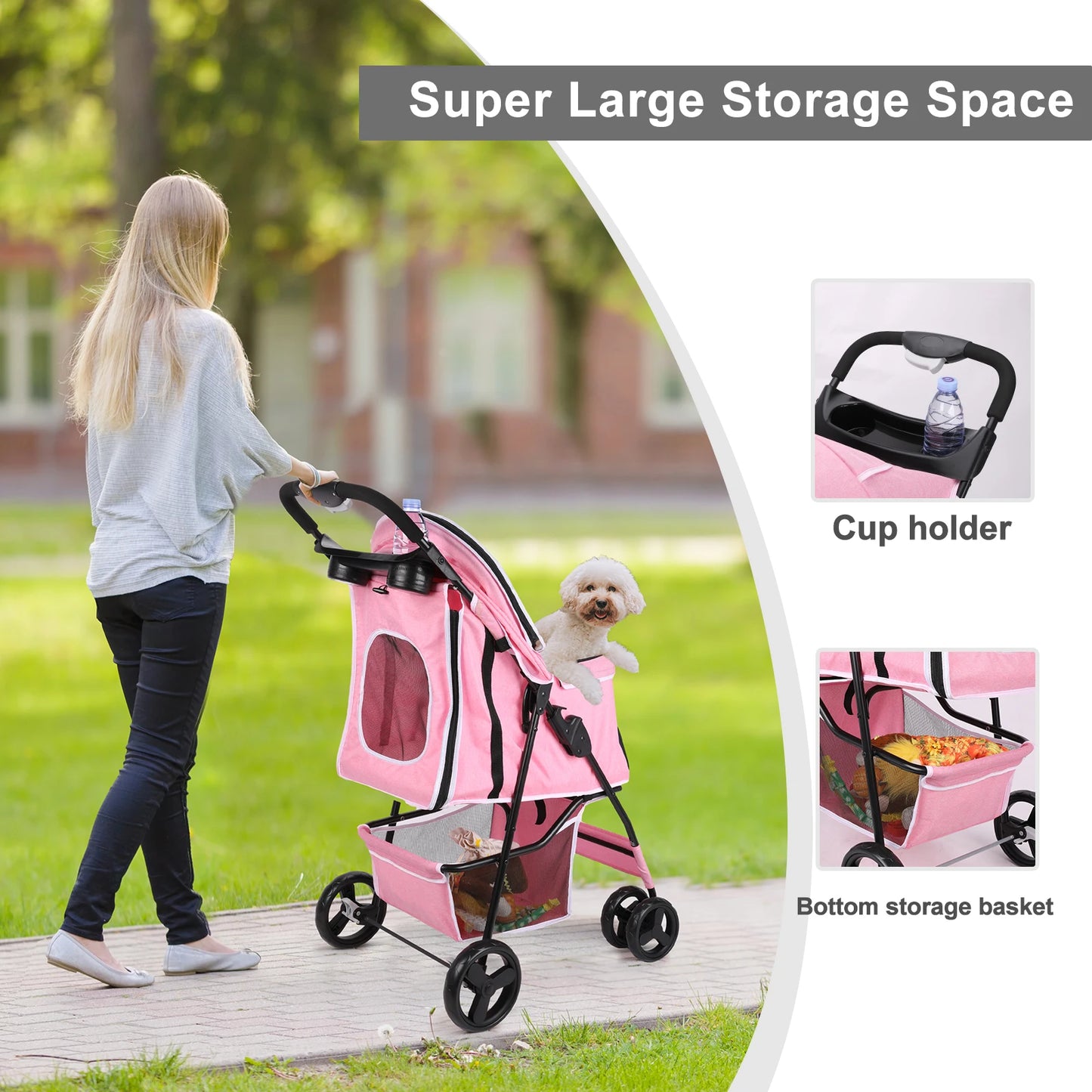 Foldable Pet Stroller – Pink 4-Wheel Dog &amp; Cat Carrier
