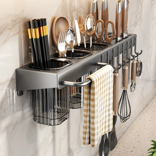 Wall Mounted Kitchen Utensil Rack with Hooks and Towel Bar – 19.7” Countertop Organizer