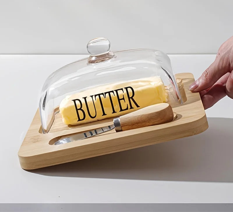 Wood Butter Dish with Glass Lid &amp; Knife