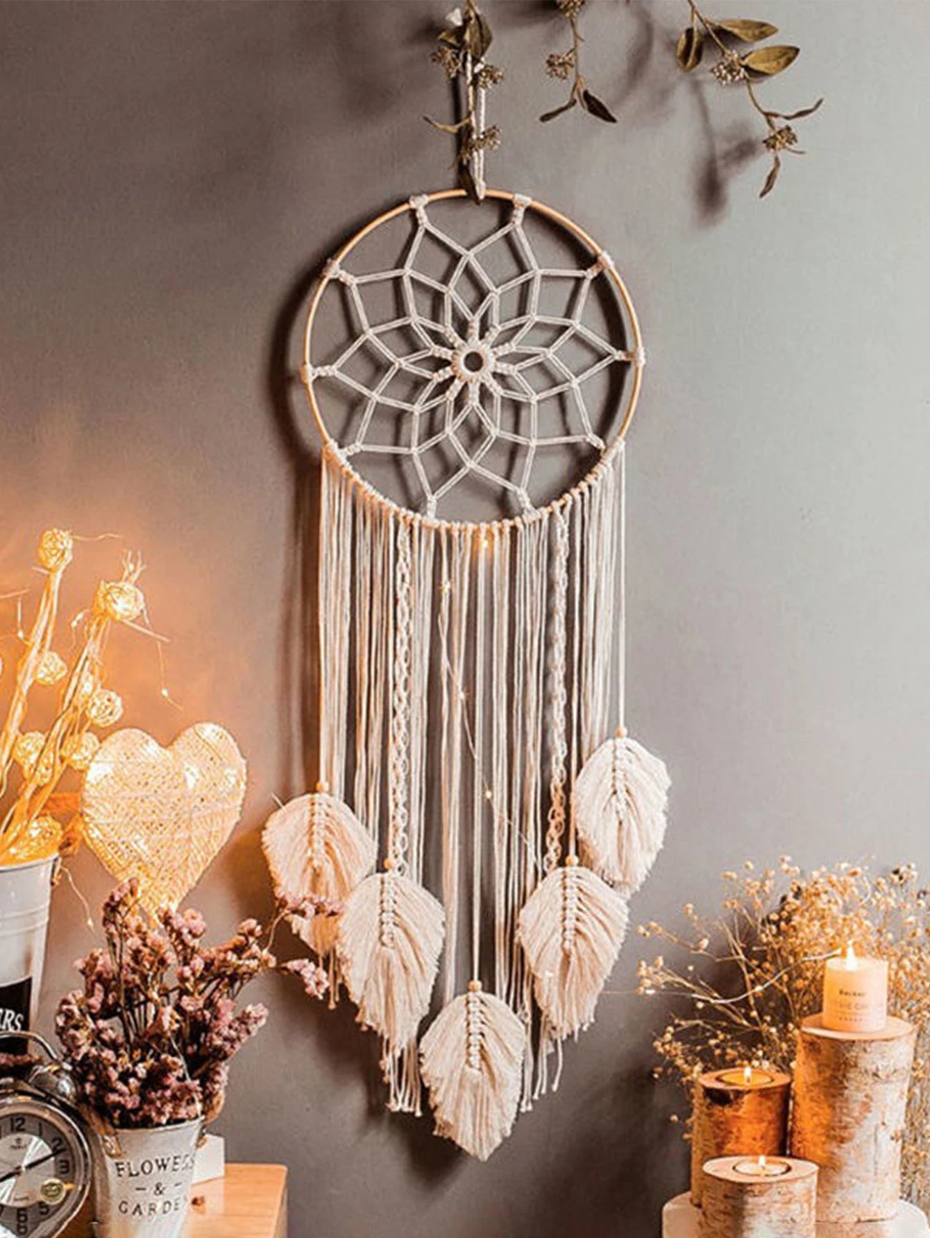 Boho Dream Catcher Wall Hanging – Handwoven Leaf &amp; Evil Eye Decor