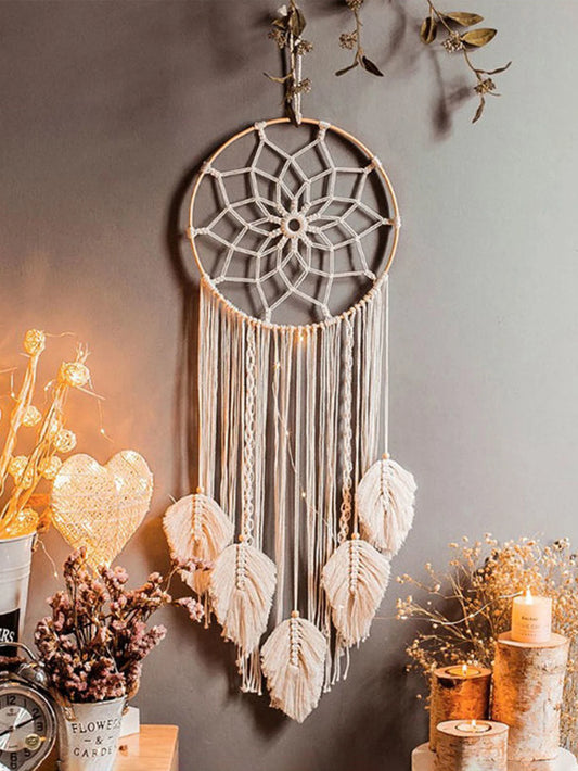 Boho Dream Catcher Wall Hanging – Handwoven Leaf &amp; Evil Eye Decor
