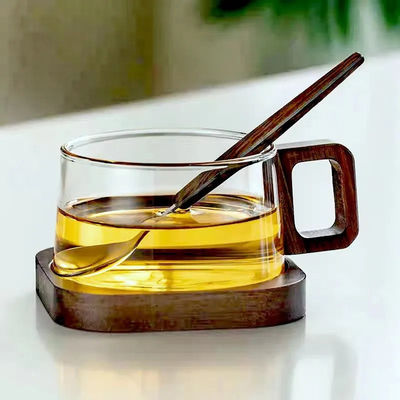 American Latte Glass Coffee Mug with Wooden Tray &amp; Spoon