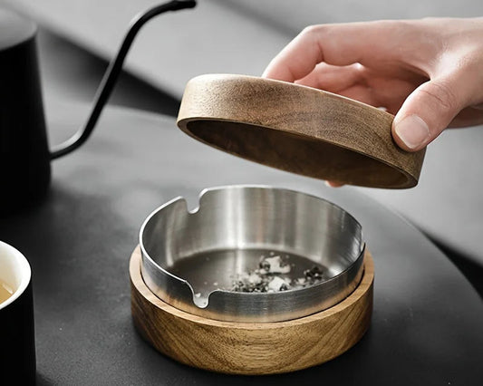 Acacia Wood Desktop Ashtray with Lid