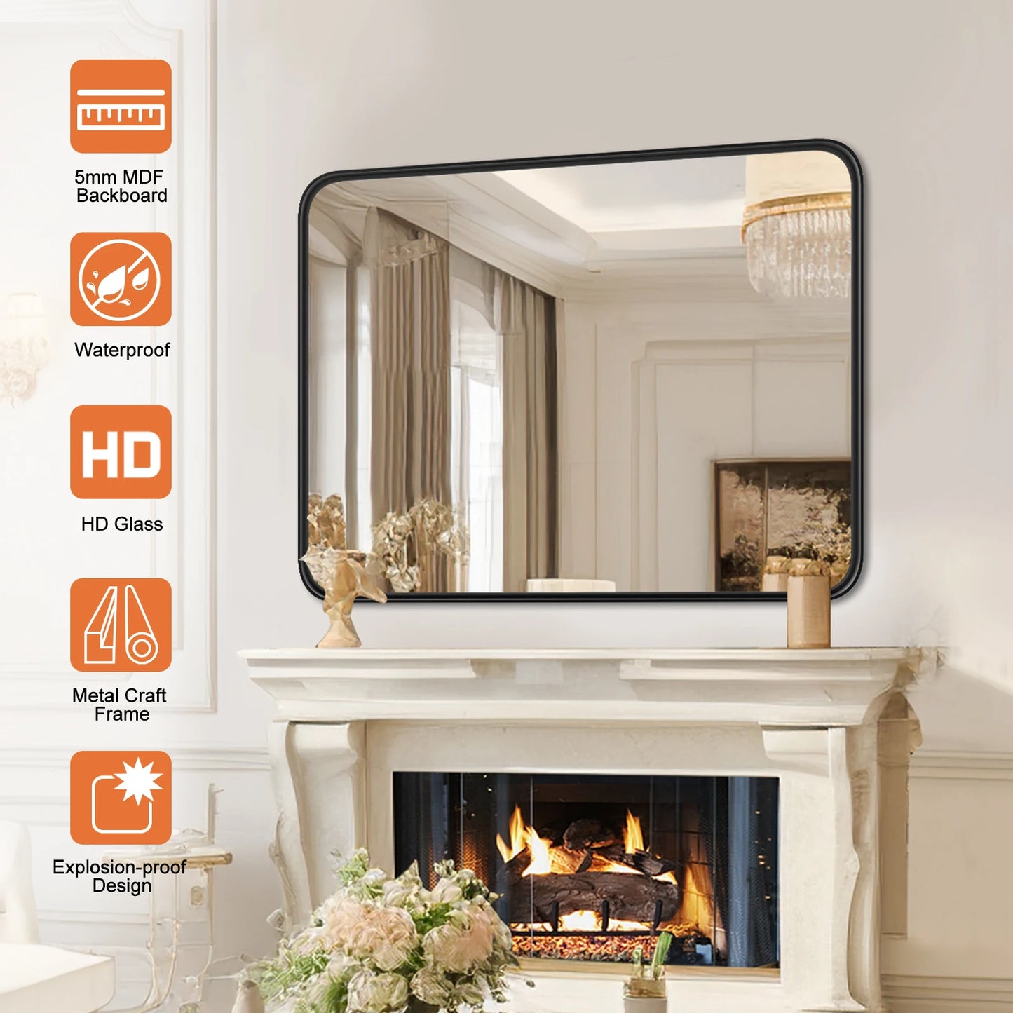 Matte Black Framed Tempered Glass Wall Mirror