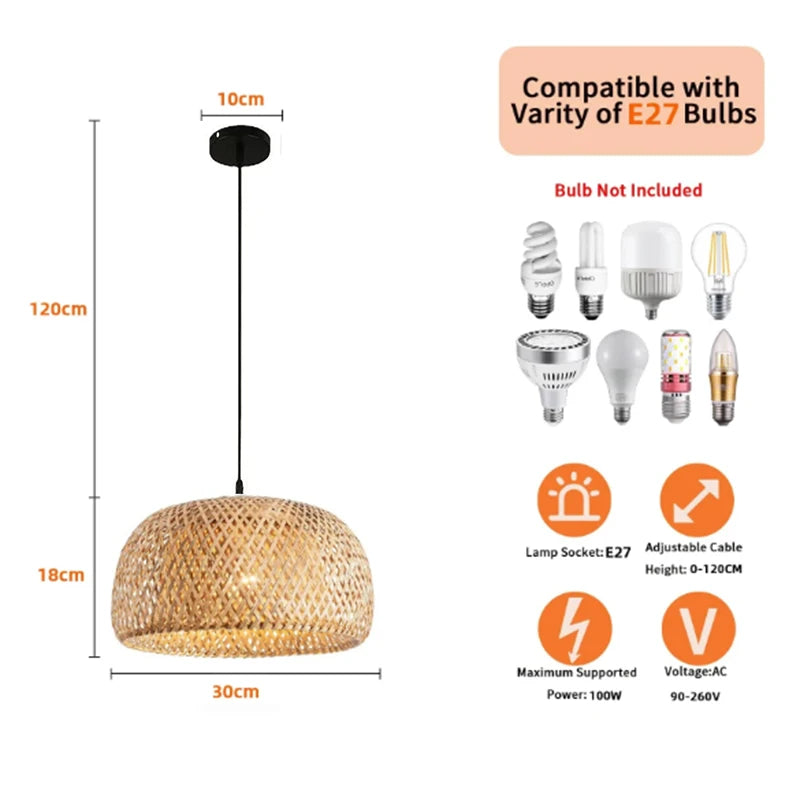 Handwoven Bamboo &amp; Wood Pendant Light – E27 Hanging Fixture