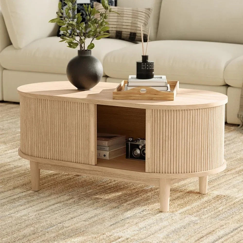 Mid-Century Modern Oval Coffee Table with Sliding Tambour Door – Natural Oak Finish