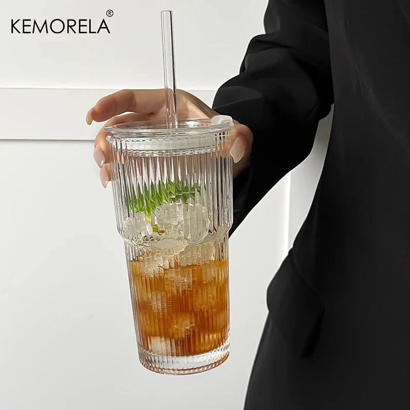 20 oz Transparent Stripe Glass Cup with Optional Lid &amp; Straw