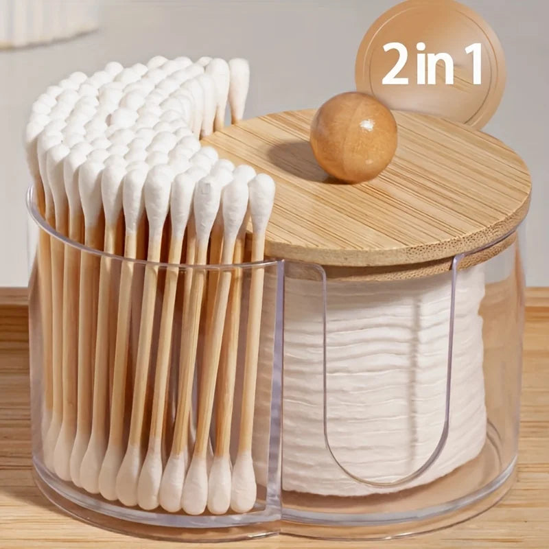 2-in-1 Cotton Swab &amp; Storage Box – Dustproof Organizer with Wooden Lid
