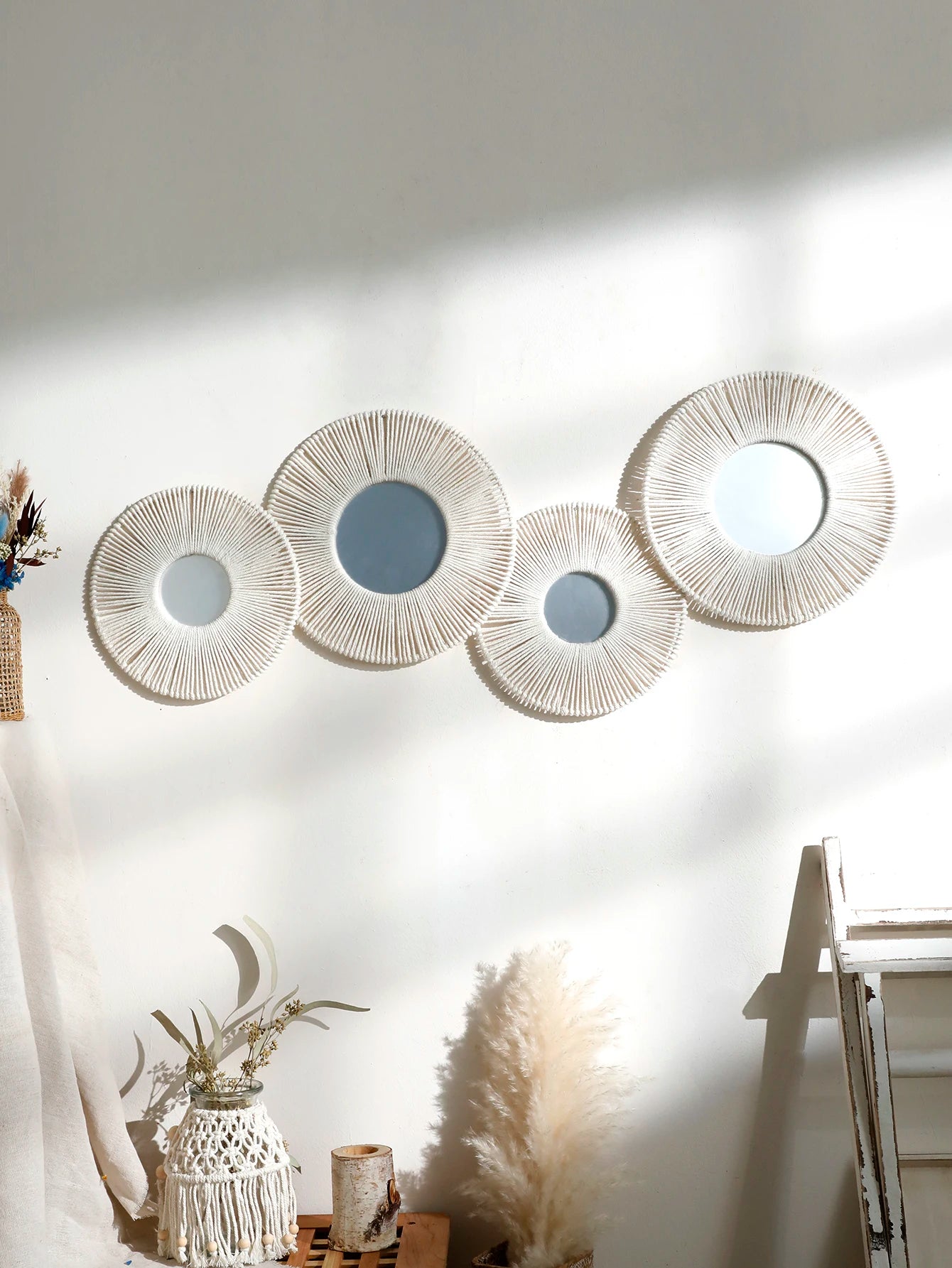 Boho Round Wall Mirror with Woven Hemp Rope – Rustic &amp; Natural Decor