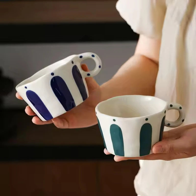 Striped Ceramic Coffee Mug – Vintage Handgrip Latte &amp; Tea Cup (Single Piece)