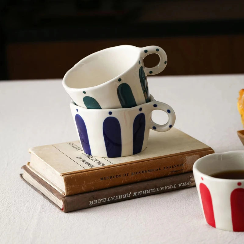 Striped Ceramic Coffee Mug – Vintage Handgrip Latte &amp; Tea Cup (Single Piece)