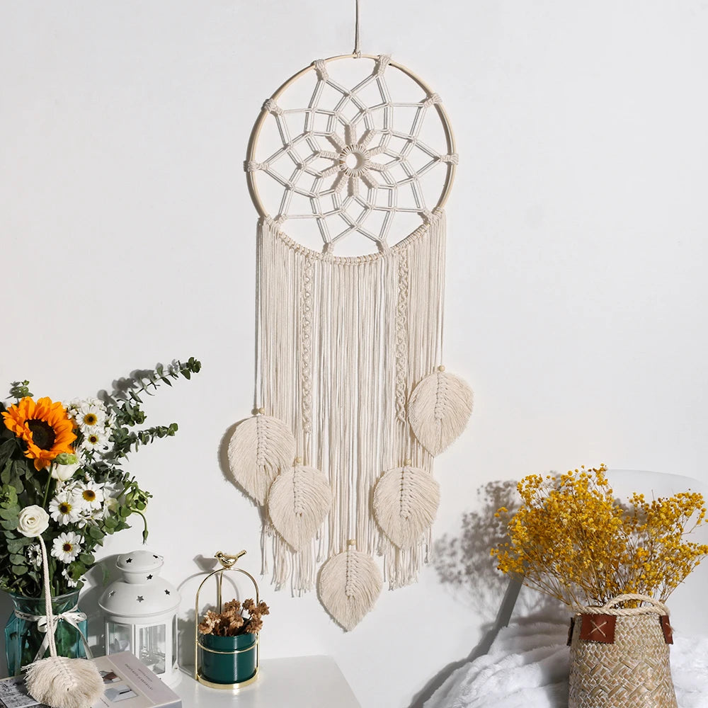 Boho Dream Catcher Wall Hanging – Handwoven Leaf &amp; Evil Eye Decor