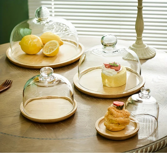 Bamboo Cake Stand with Glass Dome Lid – Round Dessert Display Tray