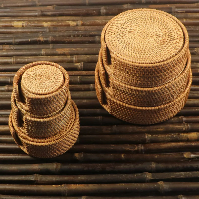 Rattan Woven Drink Coasters – 3 or 6 Piece Heat-Resistant Mat Set (3.1”)