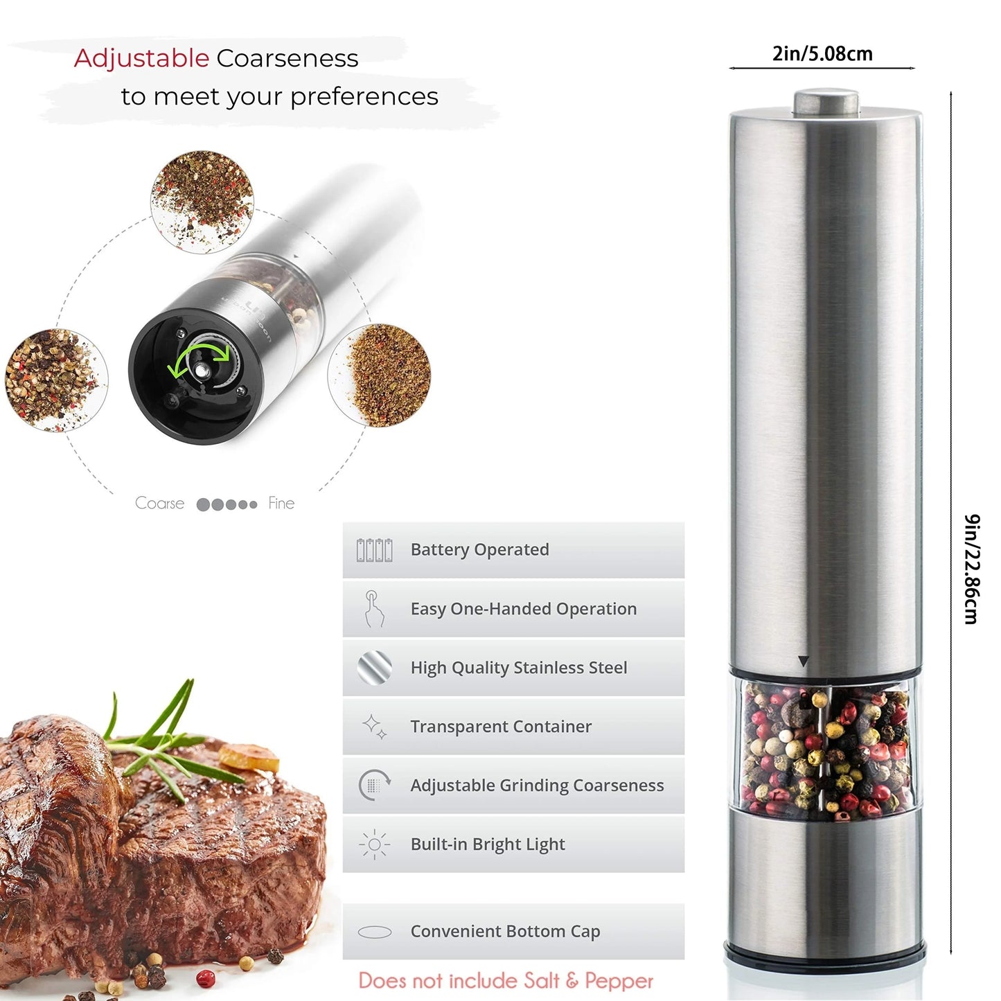 Electric Salt & Pepper Grinder Set – Stainless Steel, Adjustable Mills with Light