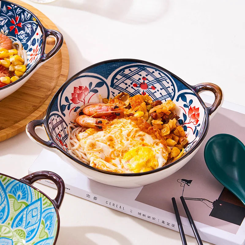 Modern Ceramic Noodle Bowl Set – Floral Underglaze Design