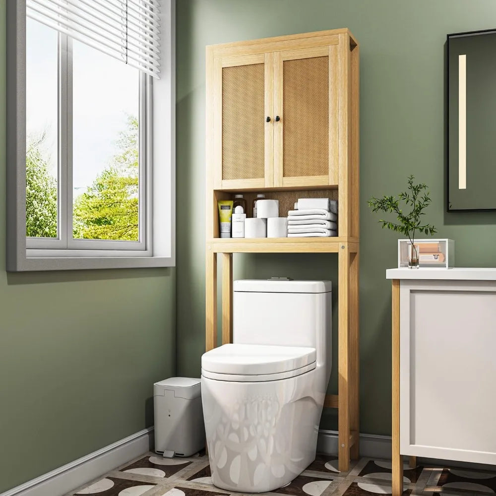 Over-the-Toilet Storage Cabinet with Rattan Design
