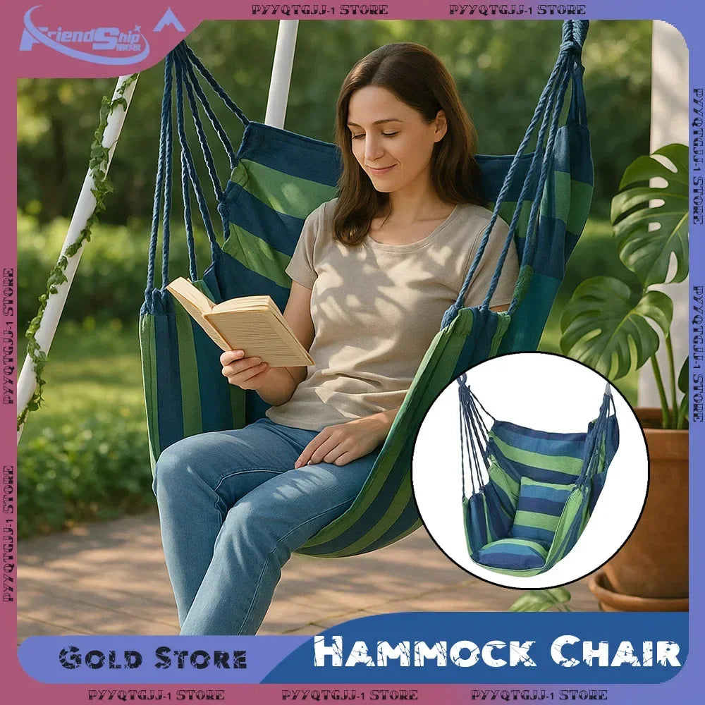 Heavy-Duty Canvas Hammock Chair – Single-Person Striped Swing with Storage Bag