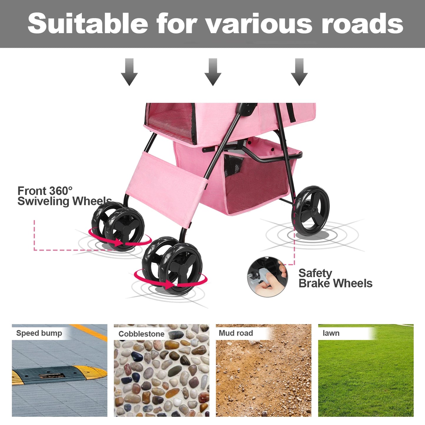 Foldable Pet Stroller – Pink 4-Wheel Dog &amp; Cat Carrier