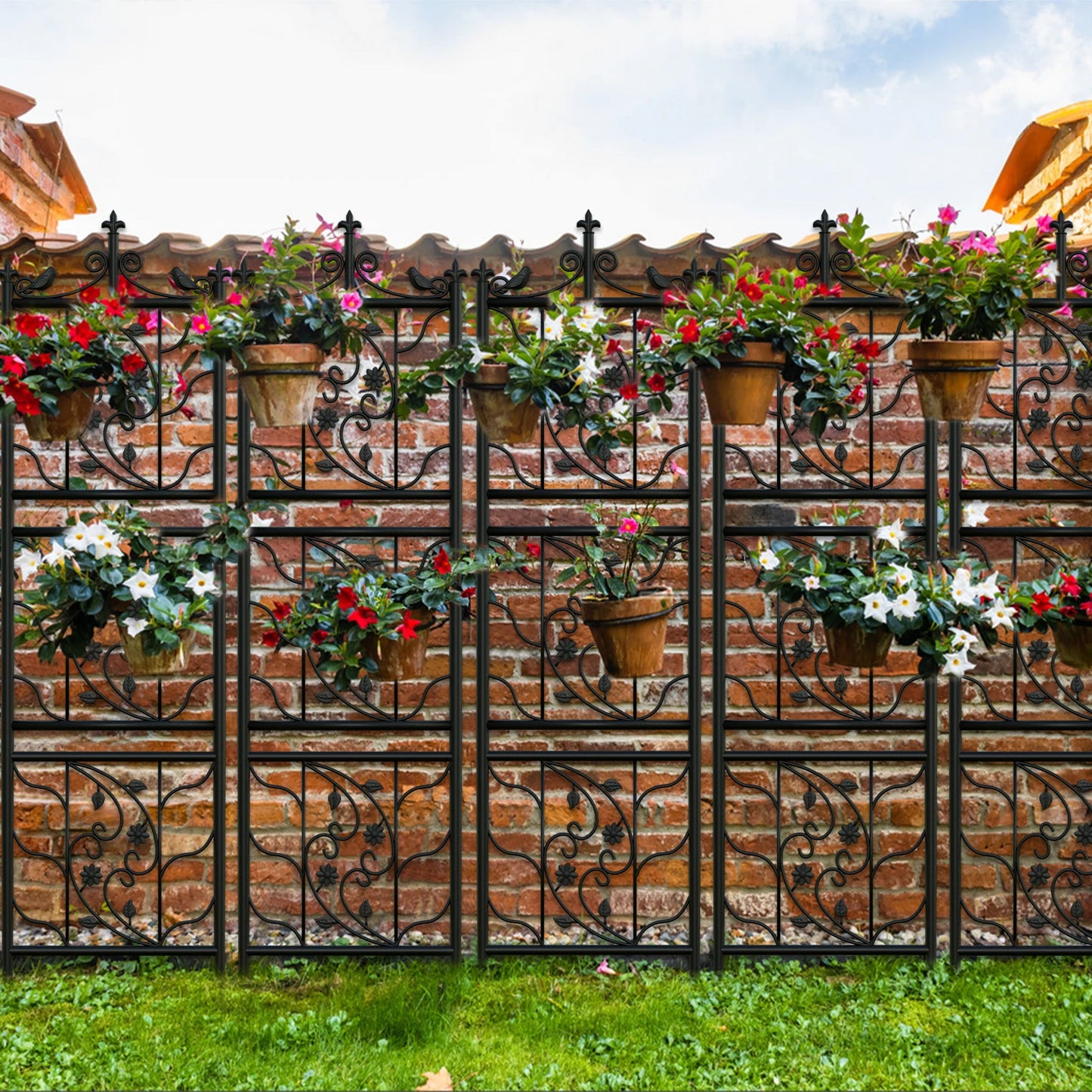Decorative Metal Garden Trellis – Black Iron Climbing Plant Support with 6 Panels