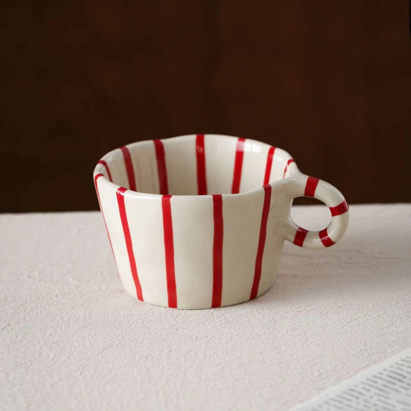 Striped Ceramic Coffee Mug – Vintage Handgrip Latte &amp; Tea Cup (Single Piece)