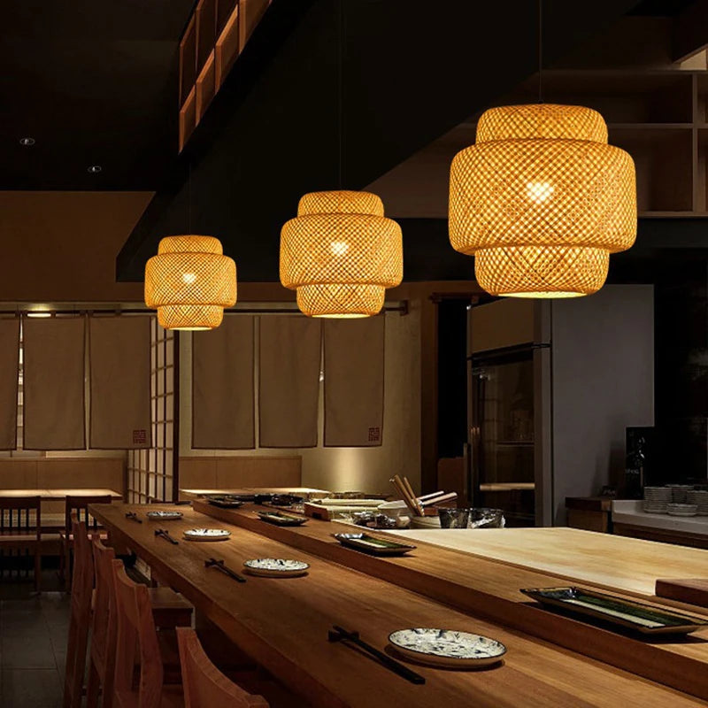 Handwoven Bamboo &amp; Wood Pendant Light – E27 Hanging Fixture